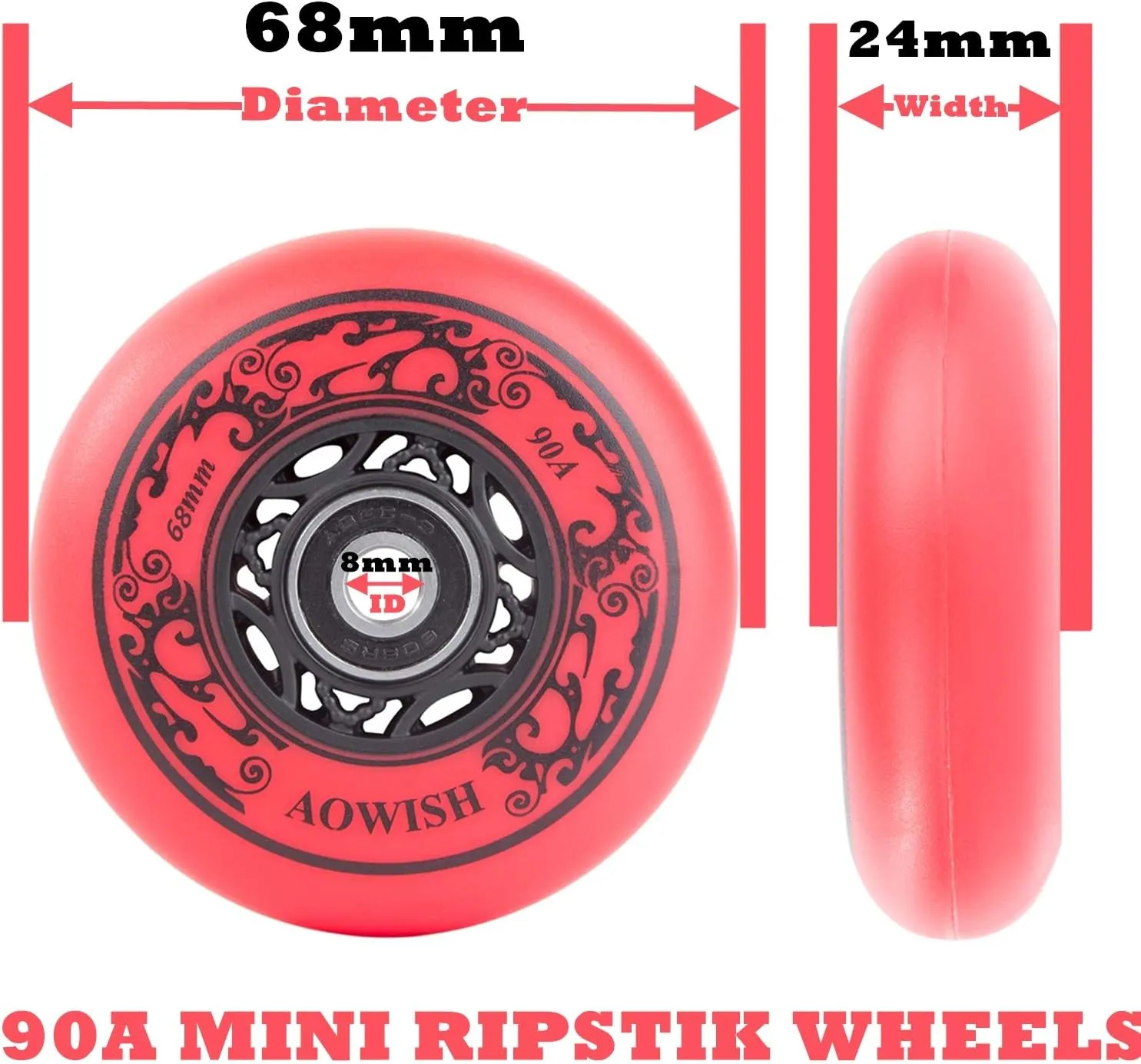 68mm 90a Ripster Wheels w/Bearings ABEC-9 for Mini Ripstik, Ripstick Mini, 2-Wheeled Caster Board, Carving Casterboard, Wave Board, Rolling Luggage (Set of 2) (Red)