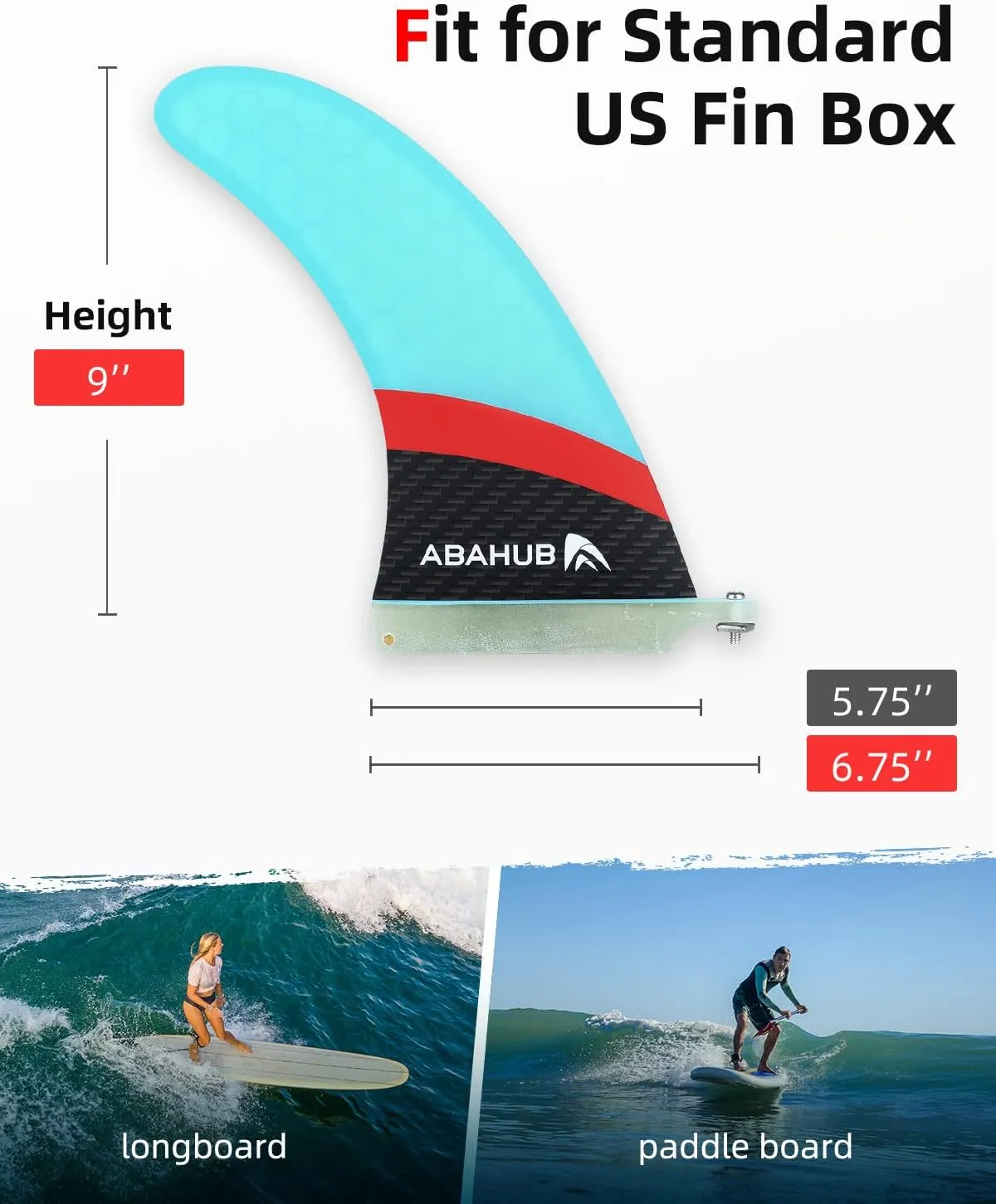Abahub 9'' SUP Single Center Fin, No Tool Fin Screw, Fiberglass Reinforeced 9 inch SUP Replacement Fins for Surfboard, Stand-up Paddle Board, Longboard, Black/Blue/White