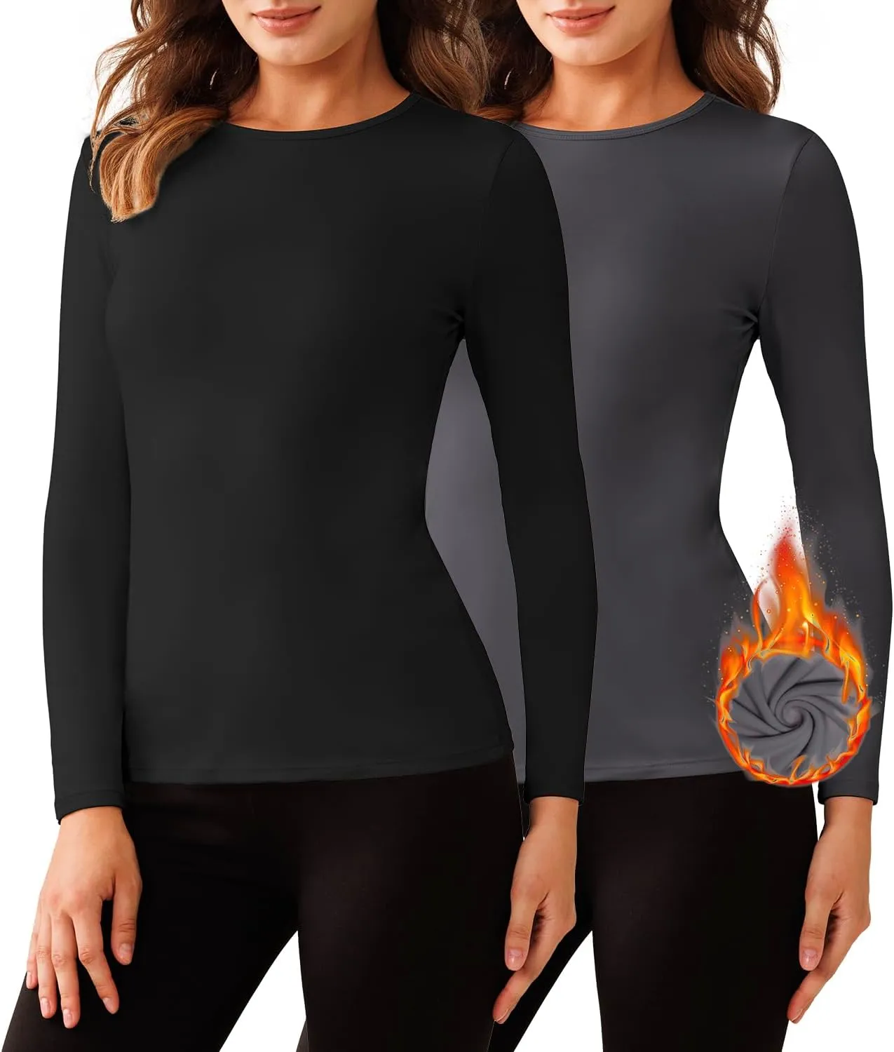 Bonneuitbebe Women's 2 Pack Long Sleeve Thermal Shirts Soft Crewneck Undershirt Tops Lightweight Base Layer Cold Weather