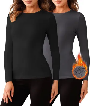 Bonneuitbebe Women's 2 Pack Long Sleeve Thermal Shirts Soft Crewneck Undershirt Tops Lightweight Base Layer Cold Weather