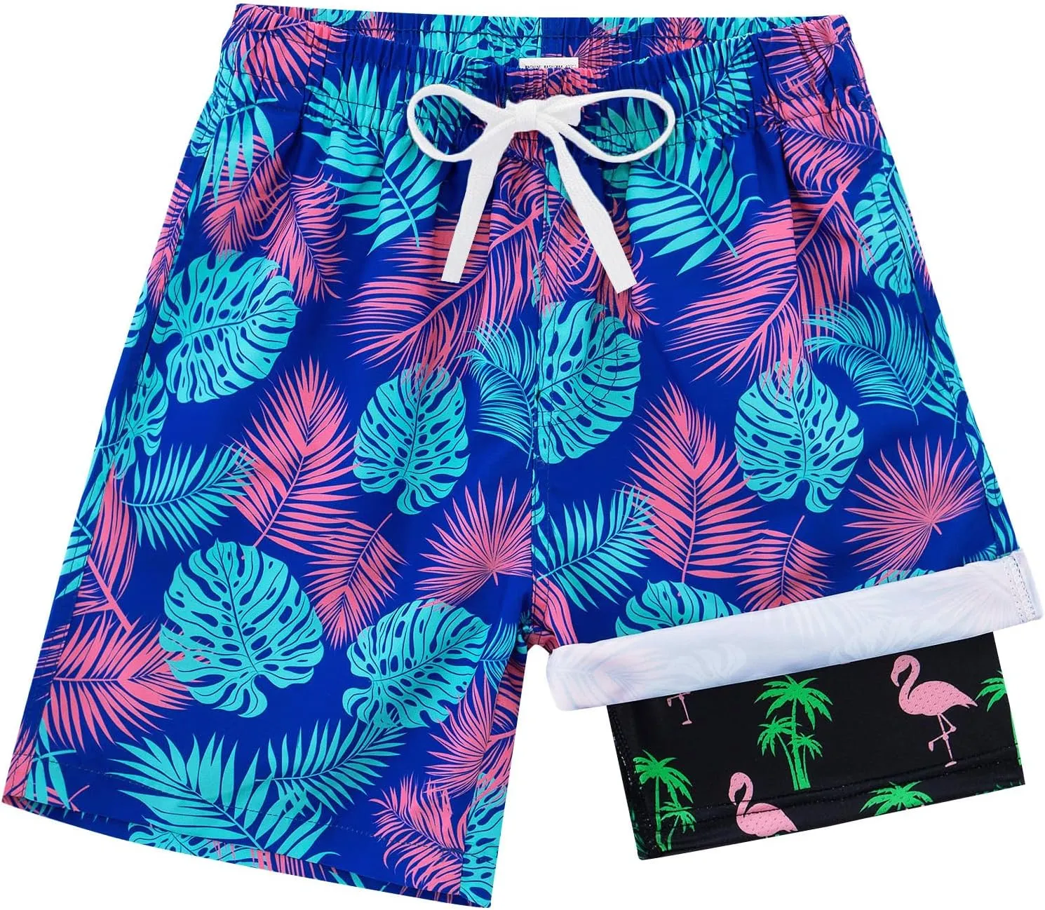 Funnycokid Boys Swim Trunks with Compression Liner Kids Anti-Chafe Swim Shorts Quick Dry Bathing Suit 5-16T