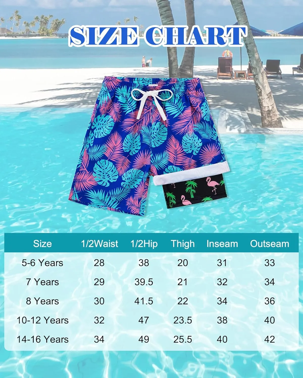 Funnycokid Boys Swim Trunks with Compression Liner Kids Anti-Chafe Swim Shorts Quick Dry Bathing Suit 5-16T