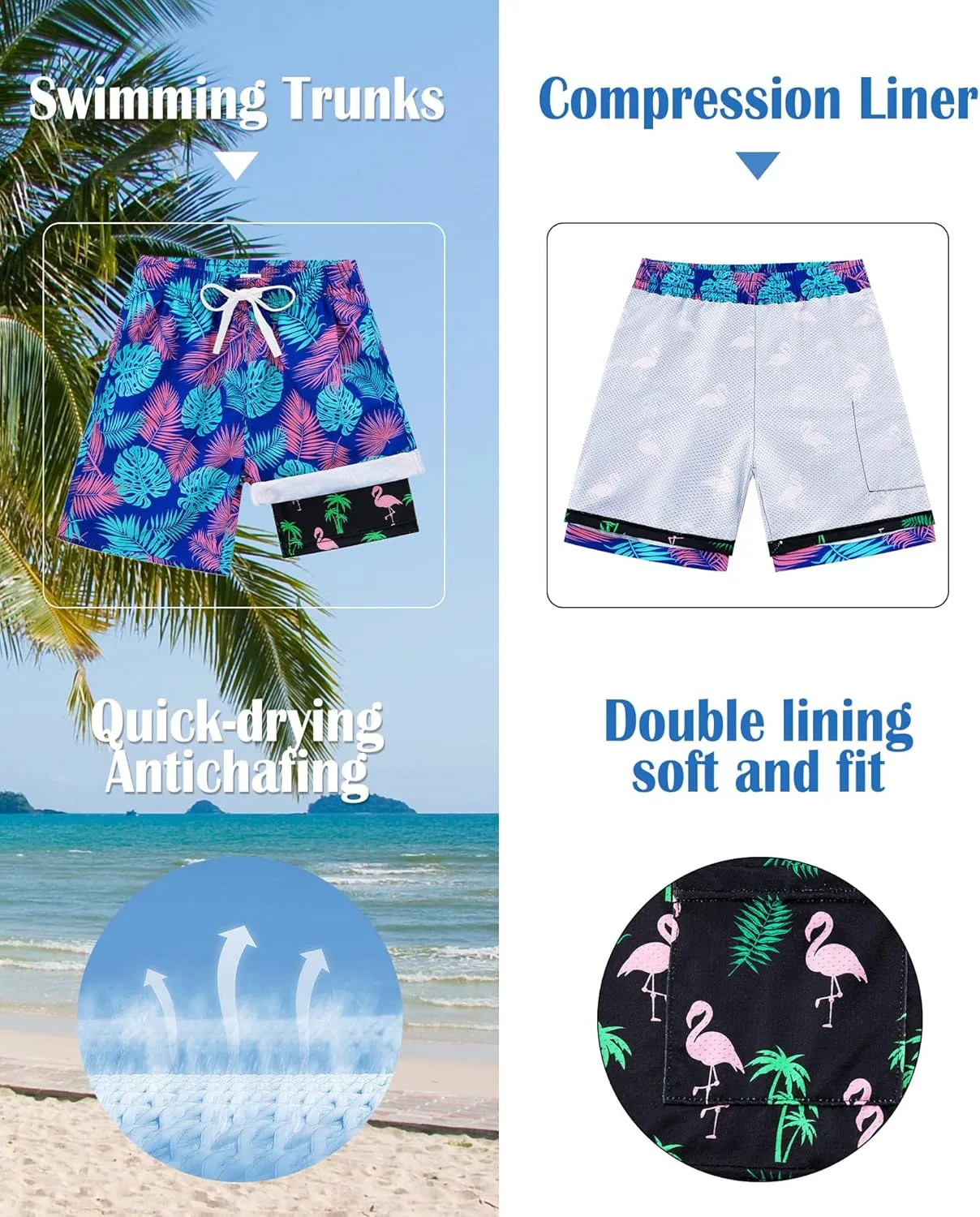 Funnycokid Boys Swim Trunks with Compression Liner Kids Anti-Chafe Swim Shorts Quick Dry Bathing Suit 5-16T