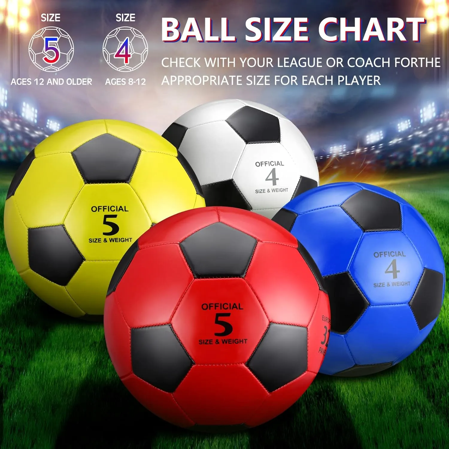 HyDren 4 Pcs Soccer Ball with Pump Official Size Indoor Outdoor Sports Football for Child Teens Adult Players Game Practice Training Sports Ball National Soccer Day Gift