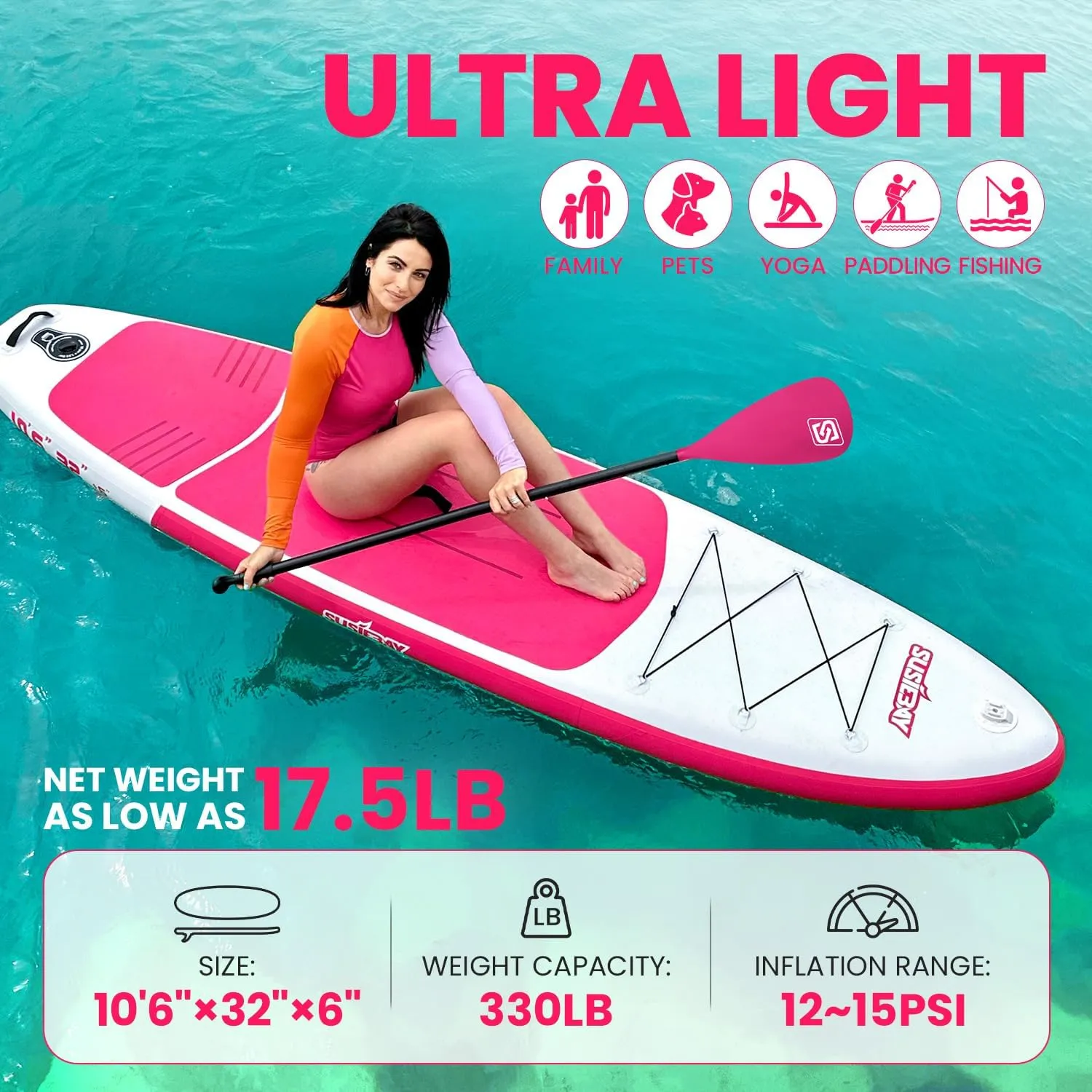 Inflatable Stand Up Paddle Board with SUP Accessories,Inflatable Paddle Boards for Adults & Youth, Anti-Slip EVA Deck,Wide Stance,Dual Action Pump,108L Backpack
