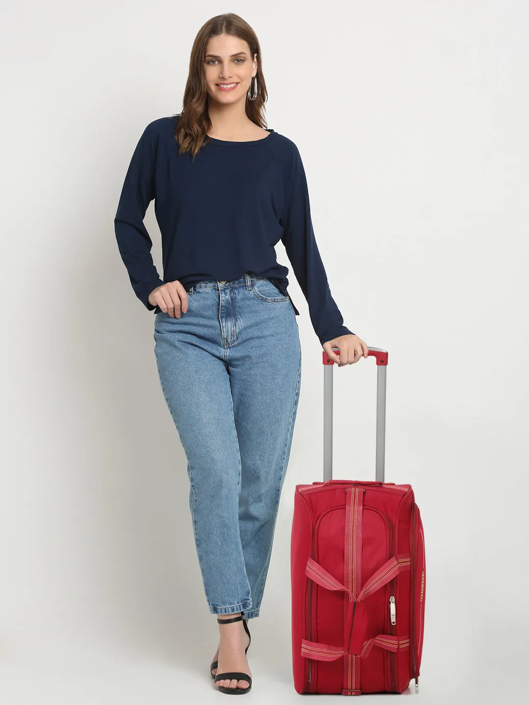 Maroon Printed Medium Duffel Trolley Bag