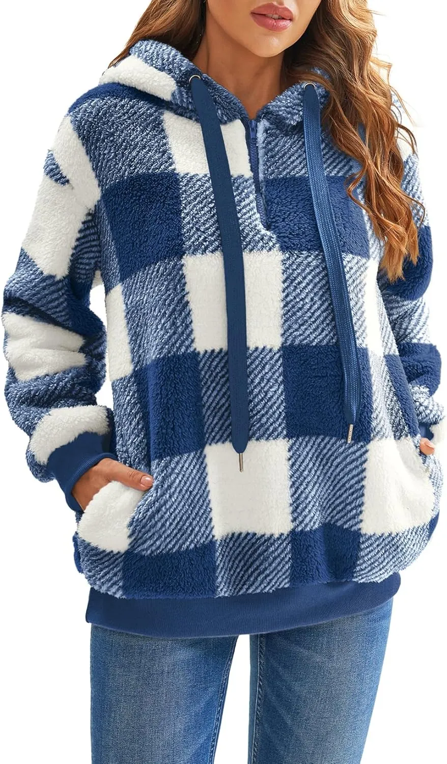 Nirovien Womens Sherpa Pullover Oversized Fuzzy Hoodie Double Fleece Sweatshirts Fluffy Plaid Outerwear Warm Coats