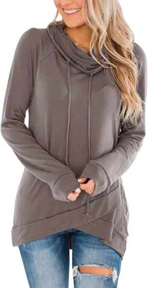 Orchidays Womens Long Sleeve Sweatshirt Cowl Neck Workout Tunic Tops Casual Drawstring Pullovers