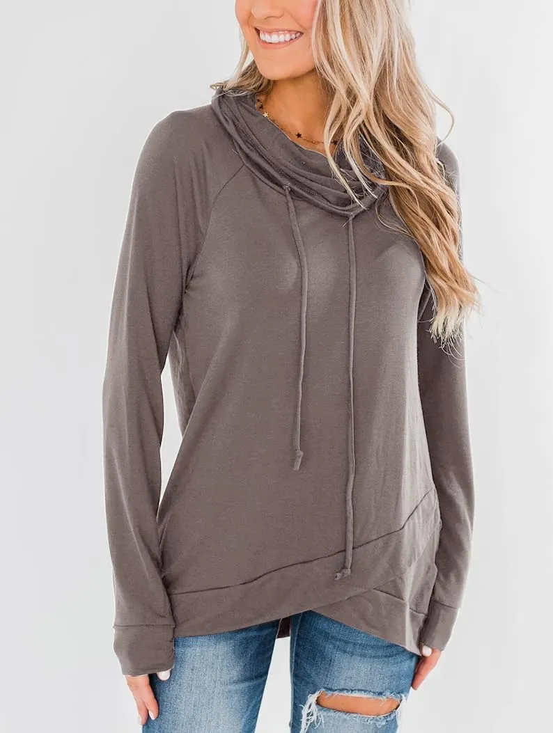 Orchidays Womens Long Sleeve Sweatshirt Cowl Neck Workout Tunic Tops Casual Drawstring Pullovers