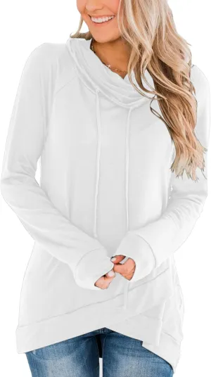 Orchidays Womens Long Sleeve Sweatshirt Cowl Neck Workout Tunic Tops Casual Drawstring Pullovers