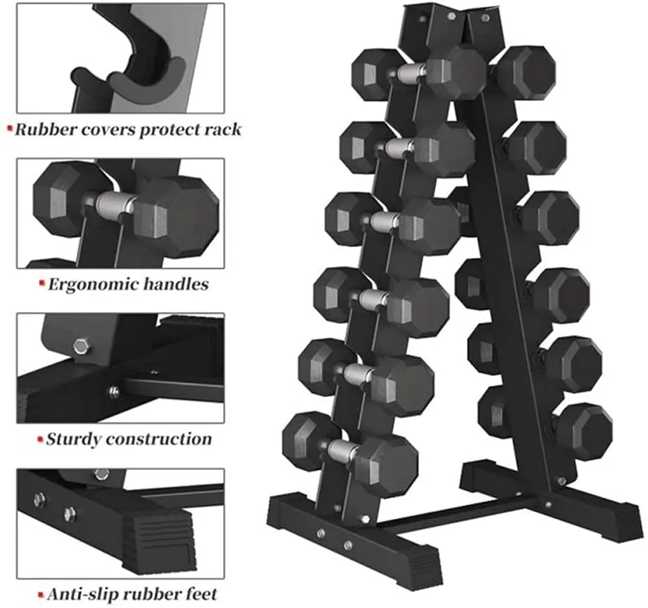 Rubber Hex Dumbbell Set & Vertical Rack - 6 Pairs (2.5kg - 15kg)