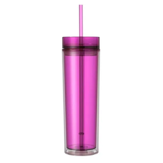 Skinny Drinking Tumbler 473ml Acrylic Transparent Color 7x21cm Reusable with Lid & Straw