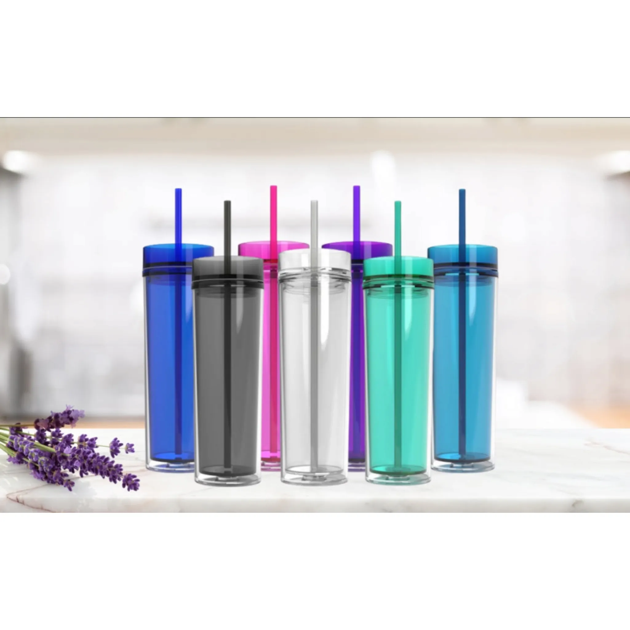 Skinny Drinking Tumbler 473ml Acrylic Transparent Color 7x21cm Reusable with Lid & Straw