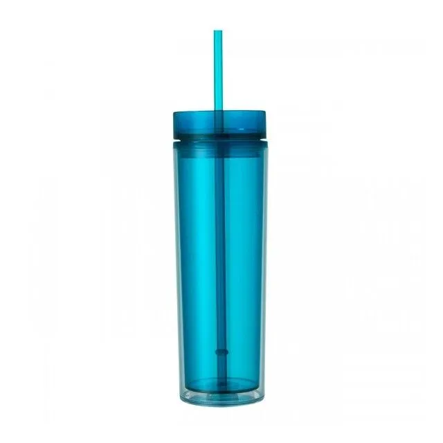 Skinny Drinking Tumbler 473ml Acrylic Transparent Color 7x21cm Reusable with Lid & Straw