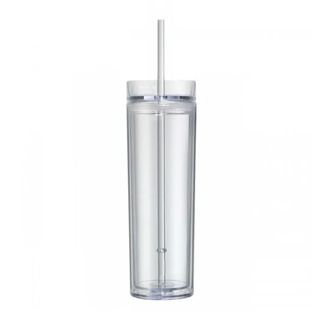 Skinny Drinking Tumbler 473ml Acrylic Transparent Color 7x21cm Reusable with Lid & Straw