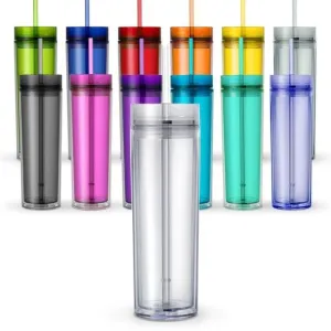 Skinny Drinking Tumbler 473ml Acrylic Transparent Color 7x21cm Reusable with Lid & Straw