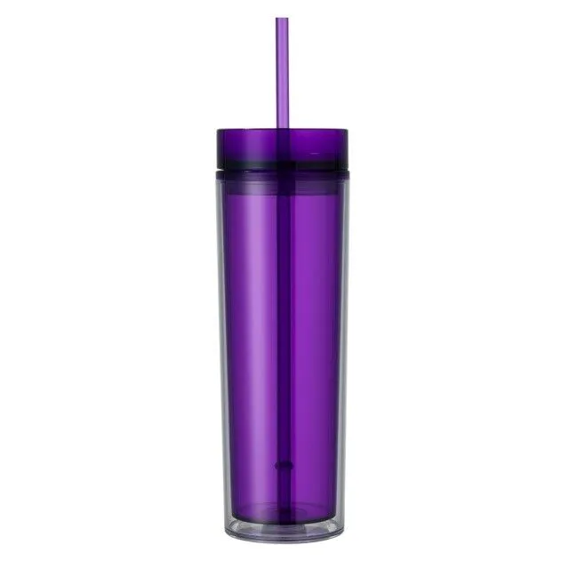 Skinny Drinking Tumbler 473ml Acrylic Transparent Color 7x21cm Reusable with Lid & Straw