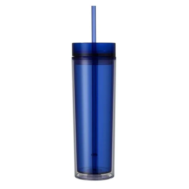 Skinny Drinking Tumbler 473ml Acrylic Transparent Color 7x21cm Reusable with Lid & Straw