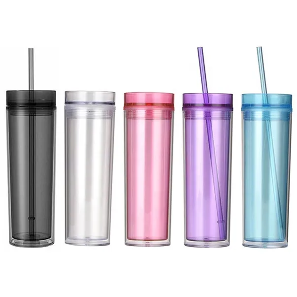 Skinny Drinking Tumbler 473ml Acrylic Transparent Color 7x21cm Reusable with Lid & Straw
