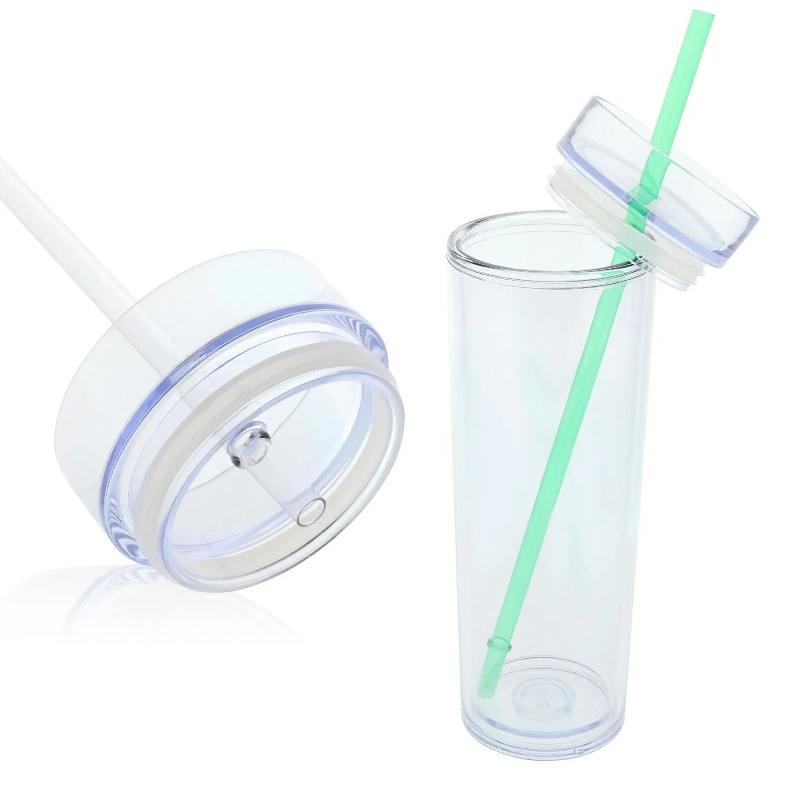 Skinny Drinking Tumbler 473ml Acrylic Transparent Color 7x21cm Reusable with Lid & Straw