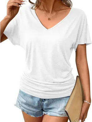 Womens Summer Blouses 2025 Solid Short Sleeve V Neck Casual Loose Fit Shirts Basic Comfy Breathable Trendy Tops